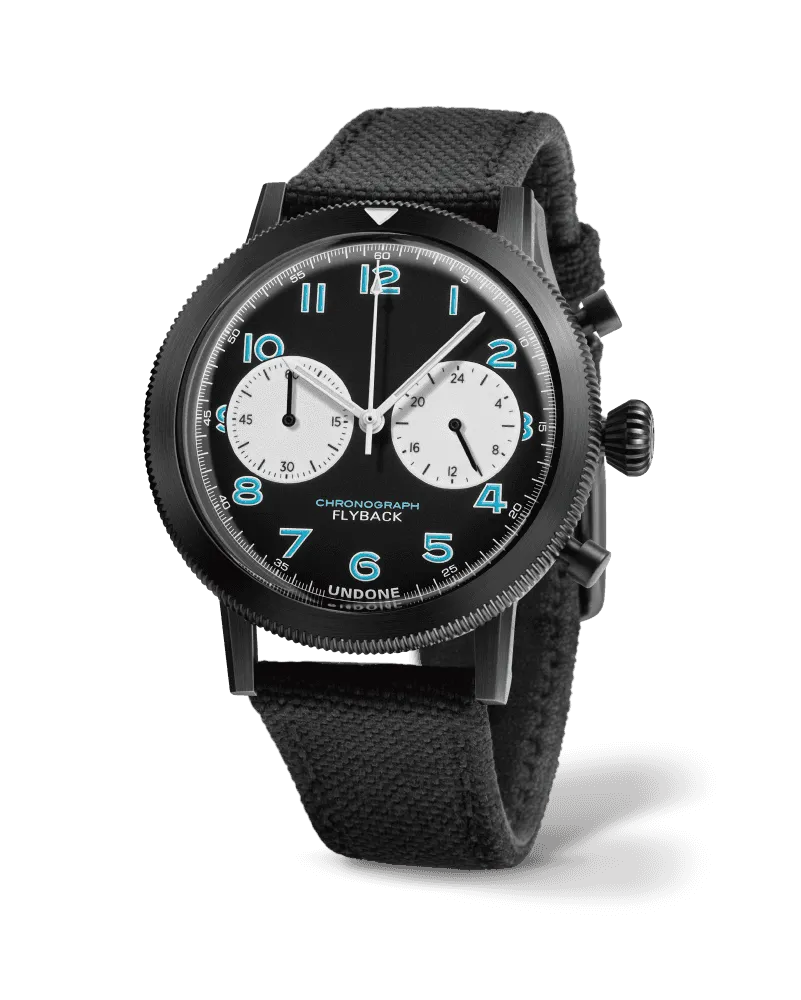 Undone Type 20 Special Edition pilot chronograph with black PVD case and white subdials on a black strap