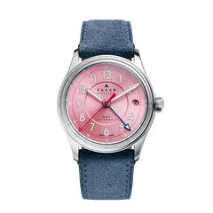 Farer Lander Kano GMT 36mm, pink triple-step sunray dial, on denim suede leather strap