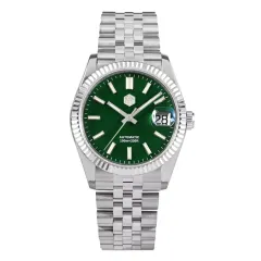 San Martin SN058-G-X 36.5mm with enamel green dial, fluted bezel and cyclops date on jubilee bracelet