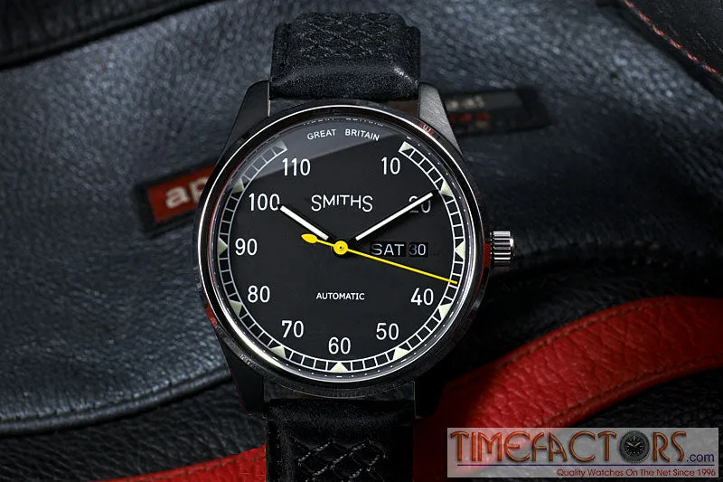 Timefactors Smiths Black Shadow PRS-38, black PVD case with polished bezel, speedometer-style black dial with day-date at 3, on quilted leather strap