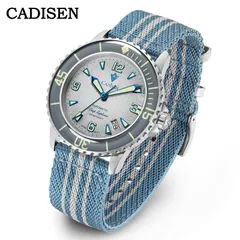Cadisen C8239 with grey-white gradient dial and grey bezel on a light blue striped nylon strap
