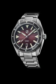 Zelos Horizons 43mm SS Burgundy, burgundy guilloche dial and black ceramic dive bezel