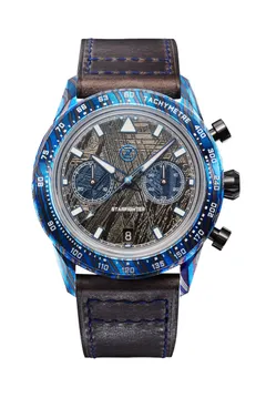Zelos Starfighter ZircTi Chronograph Meteorite, ZircTi case and bezel, meteorite dial with blue subdials, on dark leather strap