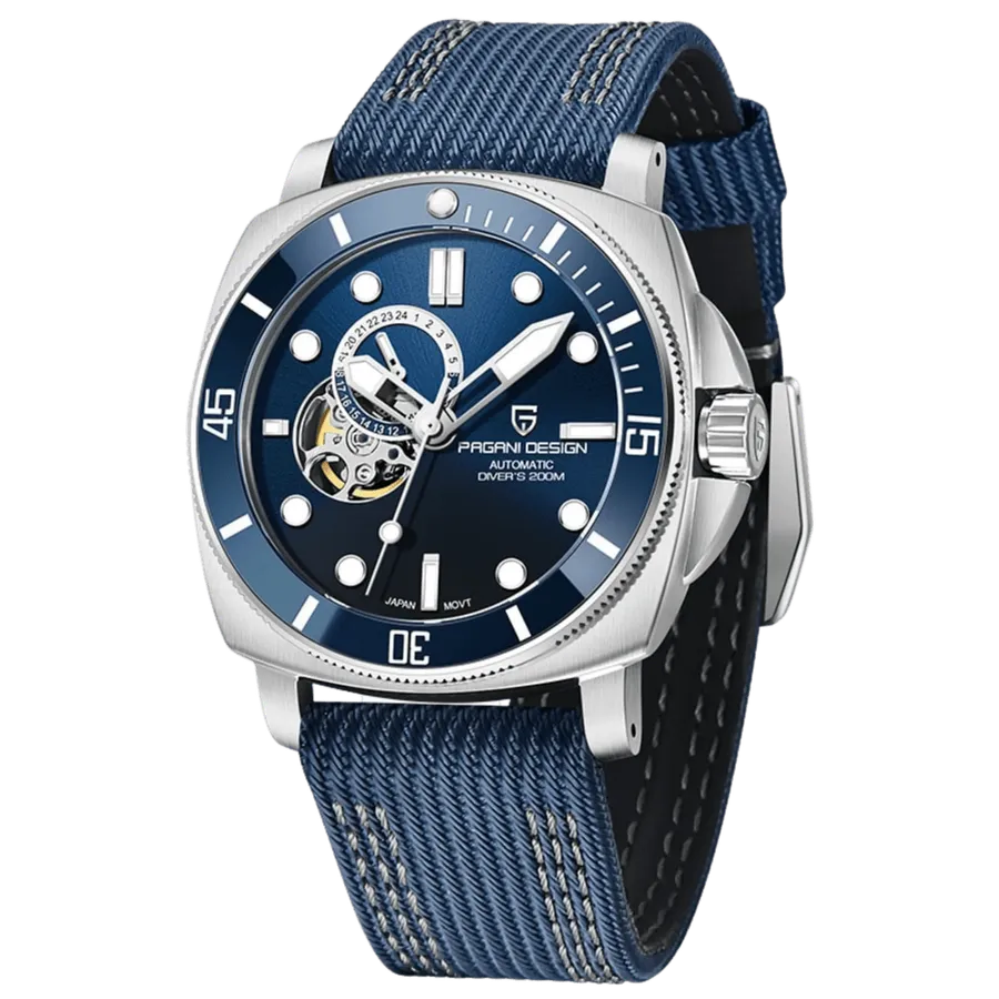 Pagani Design PD-1736 cushion-case diver with blue dial, open heart and 24-hour subdial on blue nylon strap
