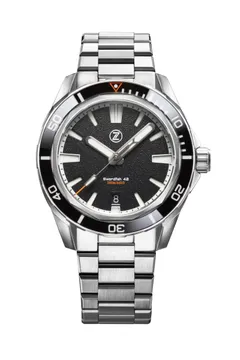 Zelos Swordfish 42mm, matte black dial and black bezel, on steel bracelet