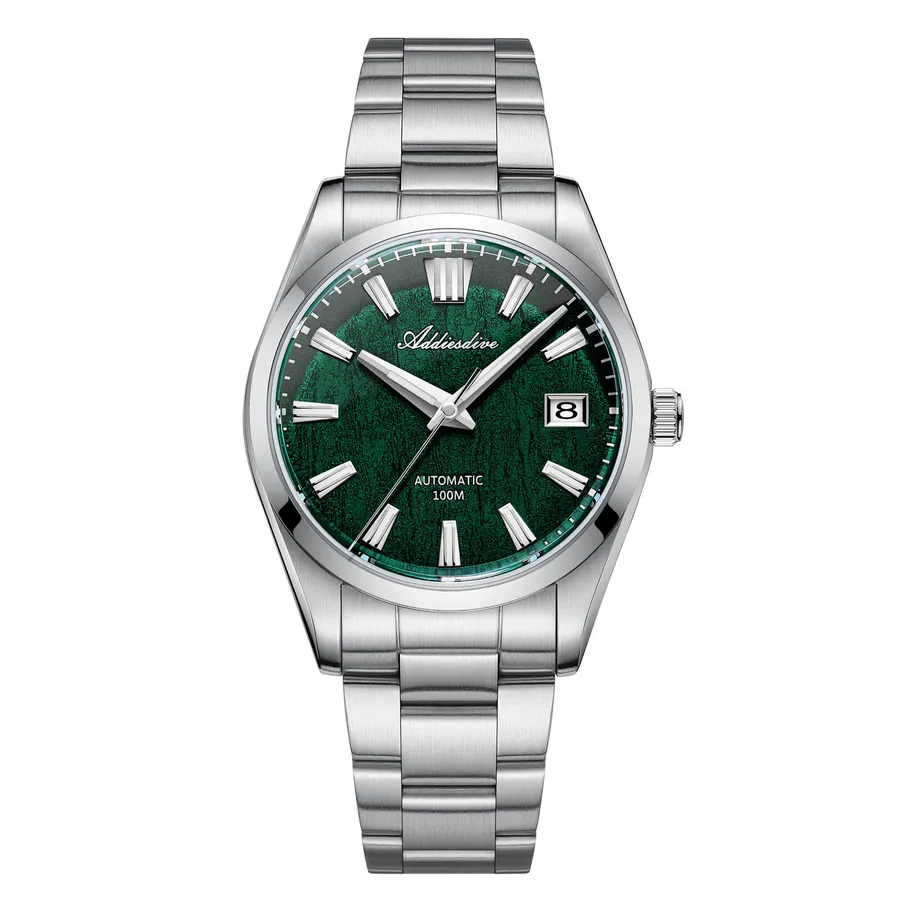Addiesdive AD2075 with green bark-texture dial on a three-link steel bracelet