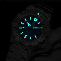 Addiesdive AD2047 lume shot, hands, markers and bezel pip glowing blue