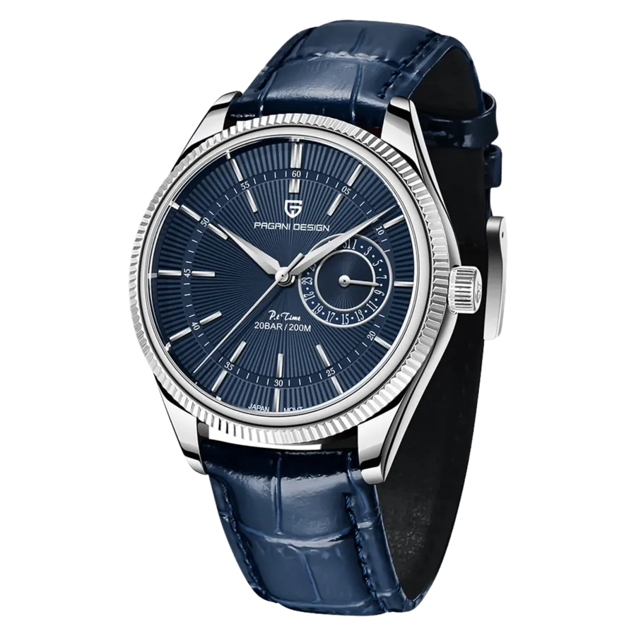 Pagani Design PD-1689 with steel case, fluted bezel, blue dial and pointer-date subdial on blue leather strap