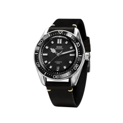 Wise Adamascus AD810A in 904L steel, black wavy dial, on black leather strap
