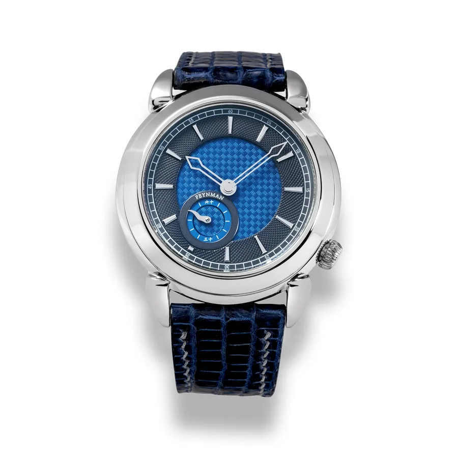 Feynman One Azure, blue guilloché dial with small seconds, on blue lizard strap