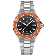 Pagani Design PD-YS034 with black dial, orange numerals and orange bezel on steel bracelet