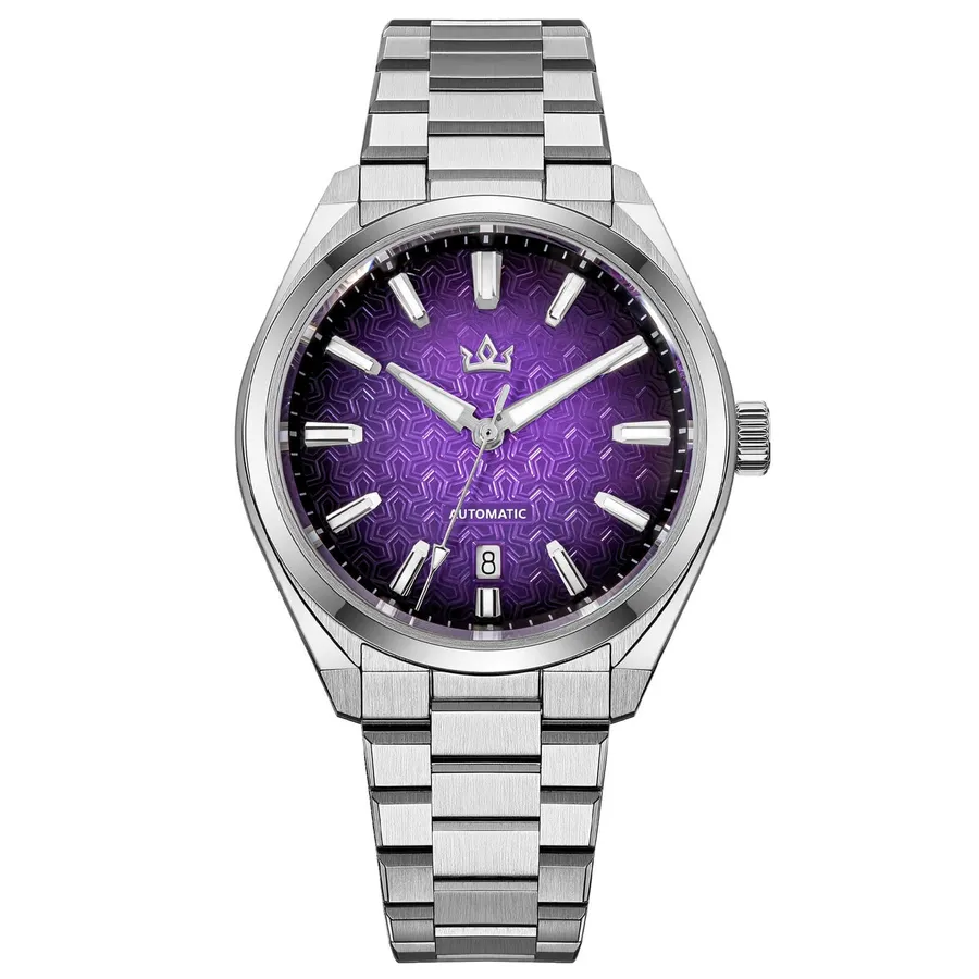 AddiesKIN K014 with purple relief-pattern mother-of-pearl dial on a three-link steel bracelet