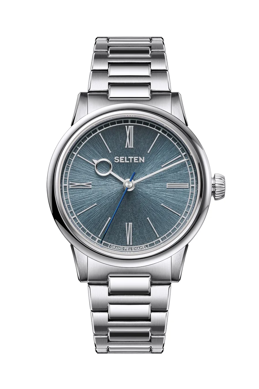 Selten Grand Feu Enamel Flare Moonstone, bluish-grey enamel dial, on steel H-link bracelet