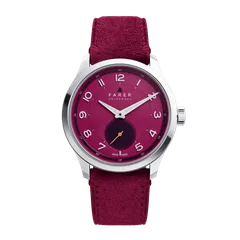 Farer Lissom Arber, raspberry red dial with purple sub-seconds, on raspberry suede leather strap