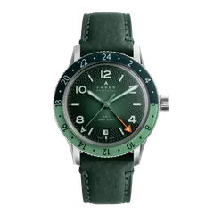 Farer GMT Bezel Nevada Pine 40mm, pine green guilloché dial and green and jade bezel, on agave green St. Venere leather strap