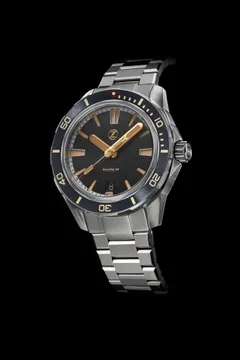 Zelos Swordfish 40mm SS Black Sand, black sand-textured dial with gilt hands, black ceramic bezel, on bracelet