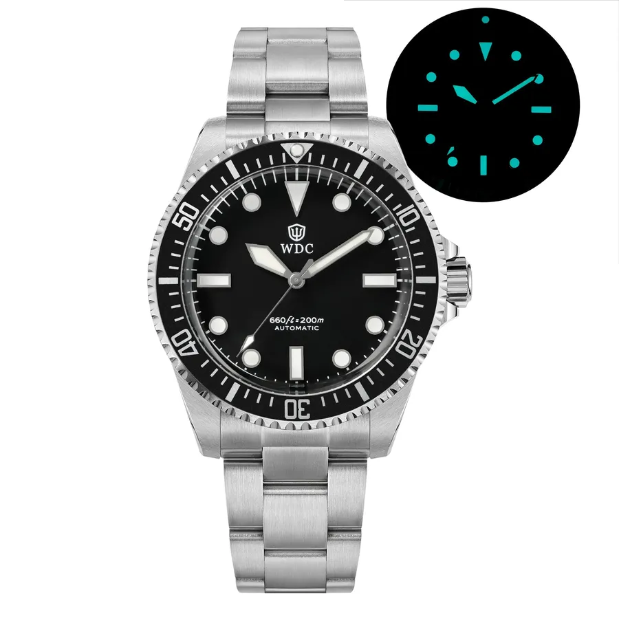 Watchdives WD5513B with matte black dial and white sword hands on the 3-link bracelet, with lume shot