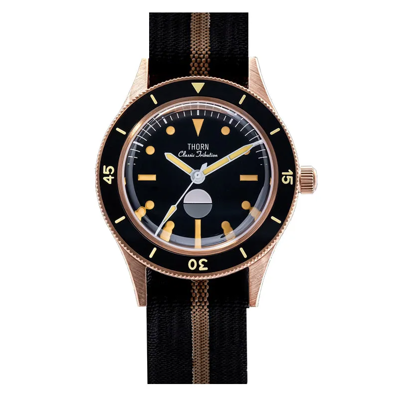 Thorn SHY039 bronze Fifty Fathoms-style diver with black dial, humidity indicator at 6 and Thorn logo on a black and khaki nylon strap