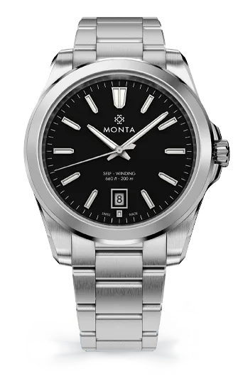 Monta Noble 40, black lacquer dial, on bracelet