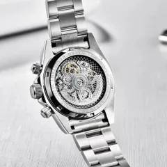 Pagani Design PD-1653 display caseback engraved "Water resistant 100M" with a guilloché-patterned skeleton rotor
