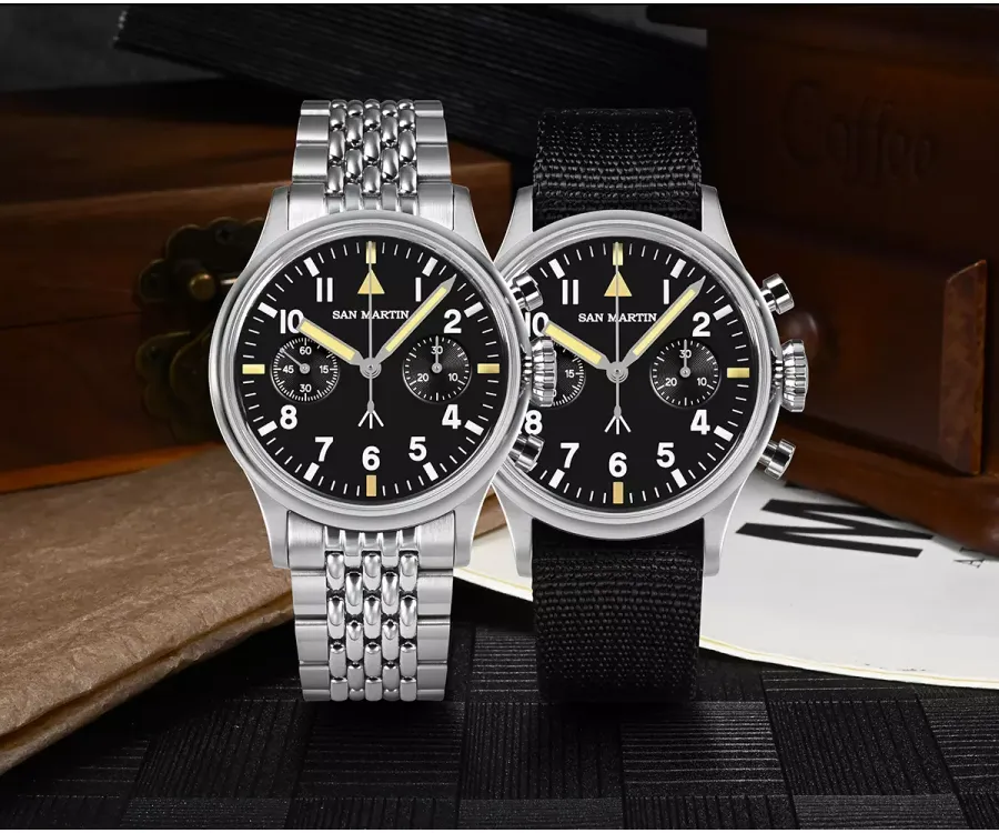 San Martin SN0105-G-JS 38.5mm flieger chronograph with matte black dial on beads-of-rice bracelet and on nylon strap