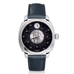Fears Brunswick 40.5 Jump Hour Celestial with aventurine and mother-of-pearl dial on a blue leather strap
