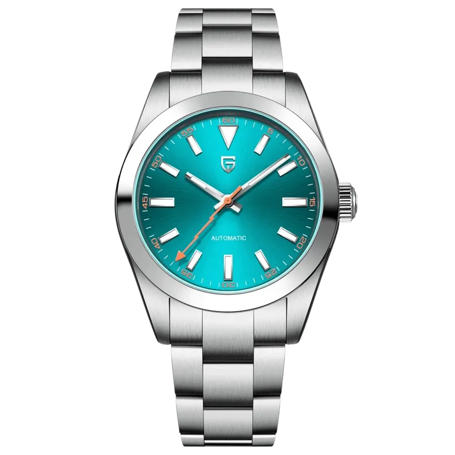 Pagani Design PD-1733 with turquoise dial, orange lightning-bolt seconds hand and smooth bezel on steel bracelet