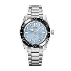 Wise Adamascus AD880A-S in 904L steel, light blue wavy dial, black ceramic bezel, on 904L bracelet