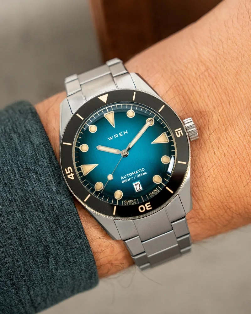 Wren Diver 38 Aqua with date, on the wrist (2025 launch photo)