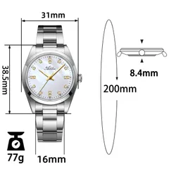Addies AW25909 dimension graphic (31mm, 38.5mm lug-to-lug, 8.4mm, 16mm, 200mm, 77g)