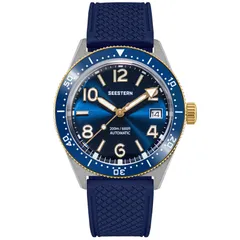 Seestern S434-2.09 with blue dial, blue ceramic bezel and gold-tone bezel edge and crown on blue rubber strap