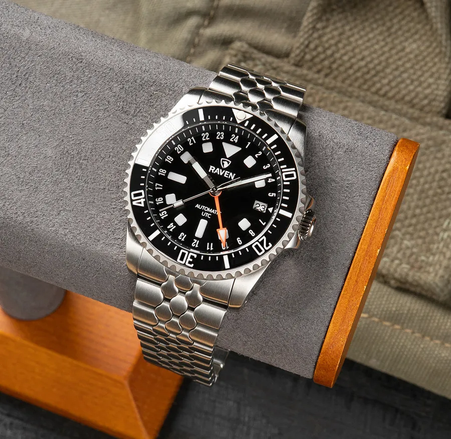 Raven Custom 42mm UTC River Snake, black dial, orange GMT hand, on snake bracelet