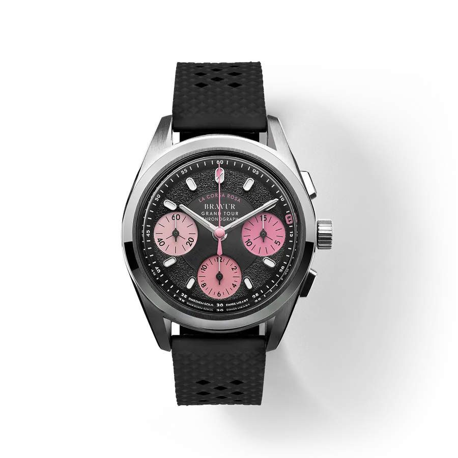 Bravur Grand Tour IV in steel with tarmac-textured dial and three pink sub-dials on a black FKM rubber strap