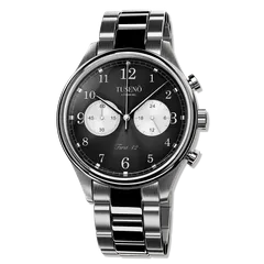 Tusenö First 42 Panda, silver case, black reverse-panda dial, on bracelet