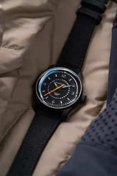 Astor+Banks Field Watch DLC, black dial with orange seconds hand, black DLC case, on black canvas strap