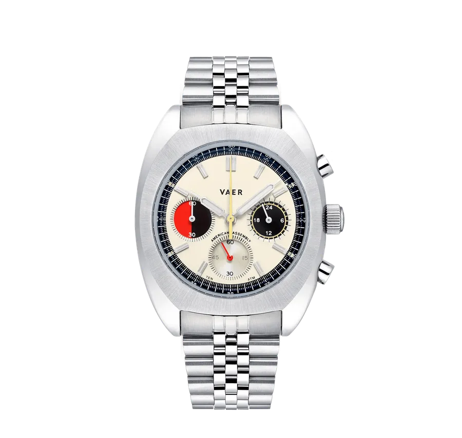 Vaer R1 Racing Chronograph Cream 38mm on jubilee bracelet