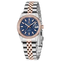 Pagani Design PD-1794L with blue monogram-textured dial and rose-gold-tone stone-set bezel