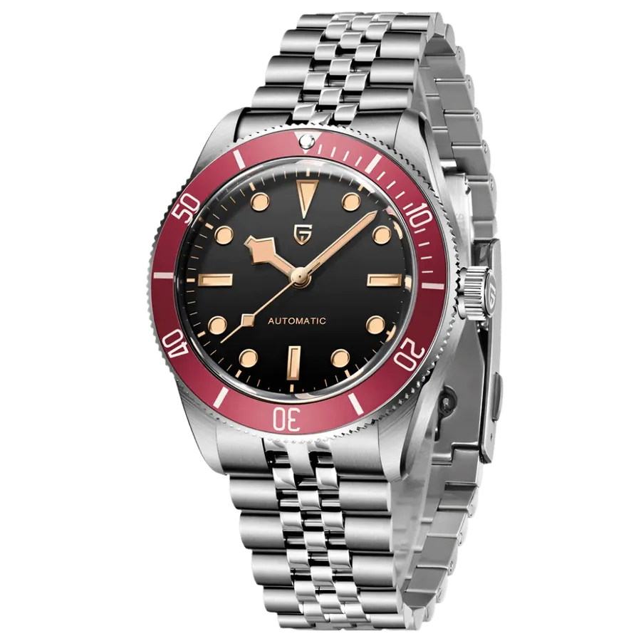 Pagani Design PD-1812 dive watch with black dial, gilt snowflake hands and red 60-minute bezel on Jubilee-style bracelet