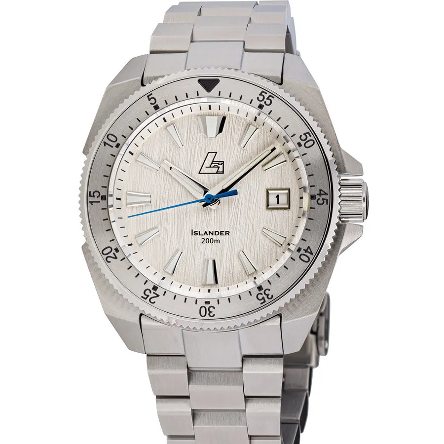 Islander Glacier limited edition with textured birch dial, date at 3 and brushed steel countdown bezel on steel bracelet