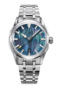 Zelos Helica Wave MOP (2025), blue mother-of-pearl wave guilloché dial, on faceted steel bracelet