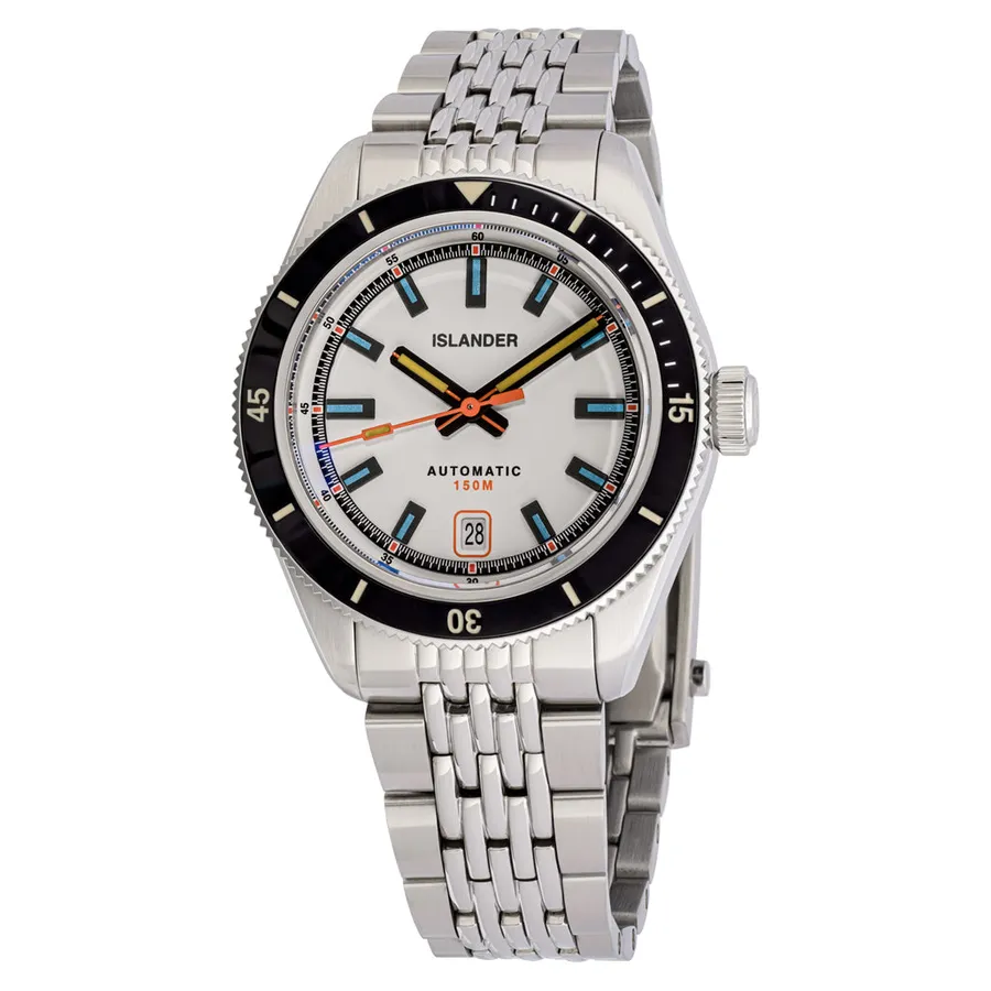 Islander Port Jefferson skin diver with white dial and black bezel on beads-of-rice bracelet
