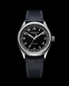 Kiwame Tokyo Mune Kurotsuki, black lacquer dial with brushed applied numerals, on black leather strap, front view