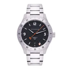 Oak & Oscar Humboldt GMT, black sandwich dial and steel 24-hour bezel, on steel bracelet