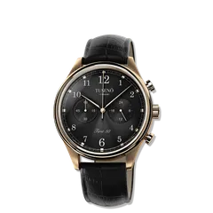 Tusenö First 38, rose gold case, black dial, on black leather strap