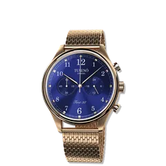 Tusenö First 38, rose gold case, blue dial, on mesh bracelet