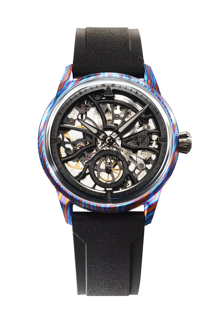 Zelos Skyraider 40 Skeleton in heat-coloured Ti-Damascus, skeletonised Marvin 700, on black rubber strap