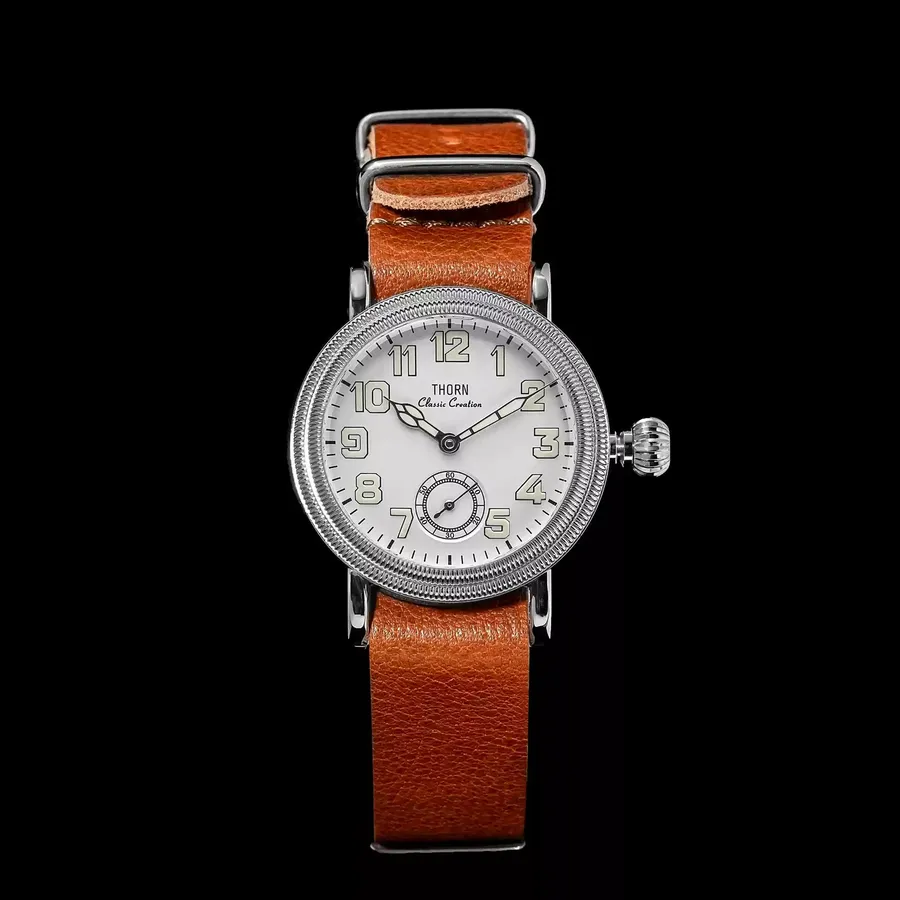 Thorn T013 in steel with white dial and small seconds on a tan leather strap