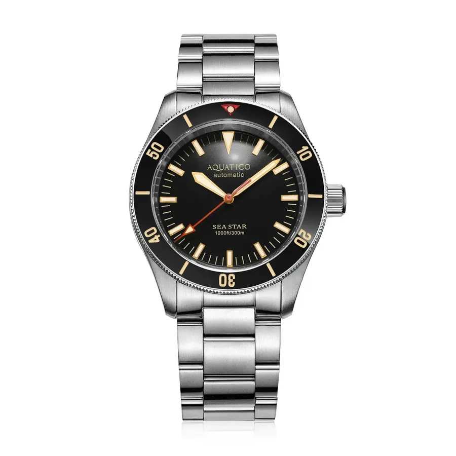 Aquatico Sea Star V2 with black no-date dial and black ceramic bezel, on the steel bracelet