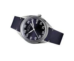 ELKA X03-0803, blue dial with white lumed numerals and date at 3, on dark blue cut-edge leather
