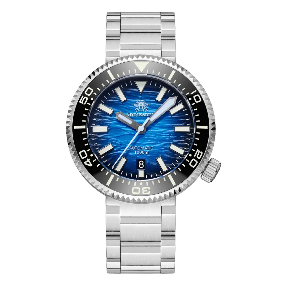 Addiesdive AD2545 (Miyota 8215 version of the AD2069) with blue textured gradient dial and black ceramic bezel on a three-link steel bracelet